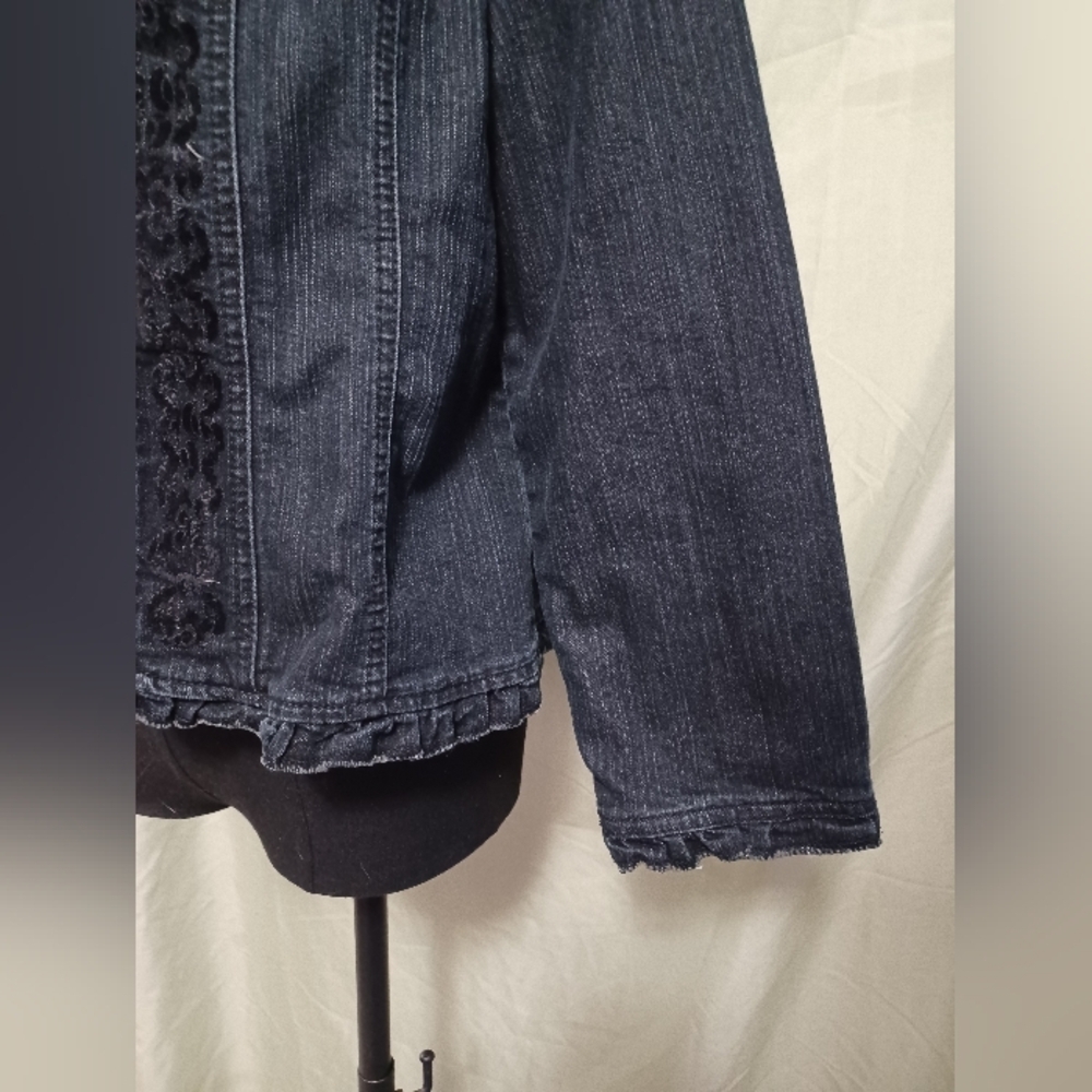 Petite Sophisticate Blue Denim Ruffle-Trim Jean Jacket Velvet Detail Design - Picture 3 of 14